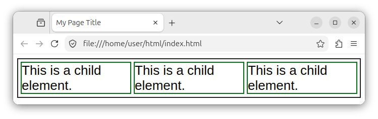 A flex container with three child elements, positioned in a row, one after the other.