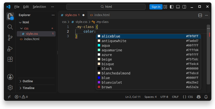 Listing all named color values inside the Visual Studio Code editor.