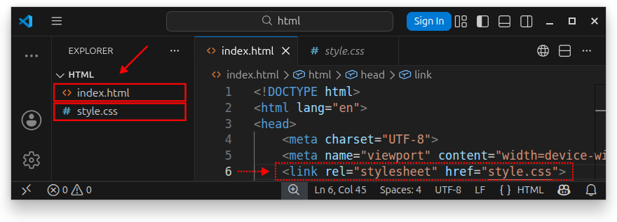 Code editor showing an HTML and a CSS file.
