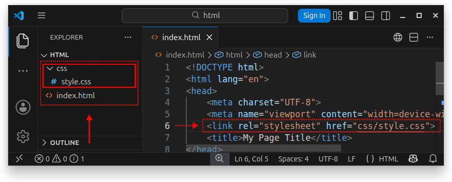 Visual Studio Code editor showing an HTML file in the root folder and an external CSS file in a subfolder.