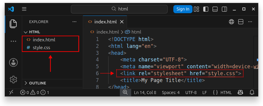 Visual Studio Code editor showing an HTML file and an external CSS file.