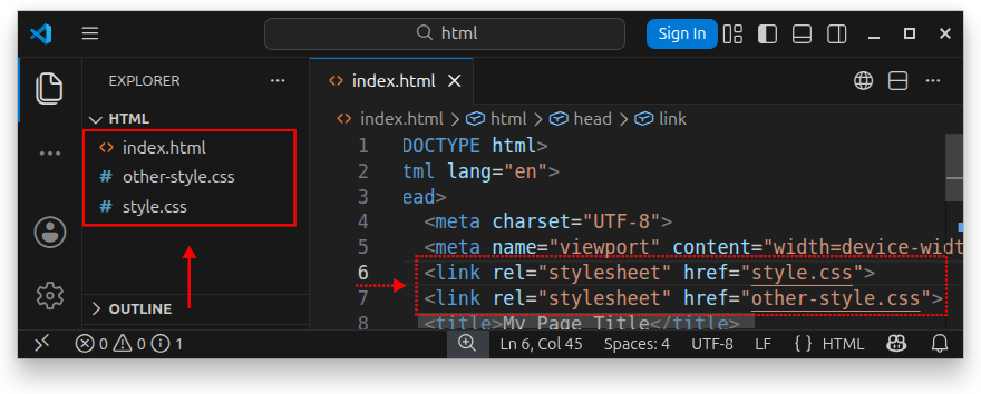 Visual Studio Code editor showing a single HTML file that links to multiple external stylesheets.