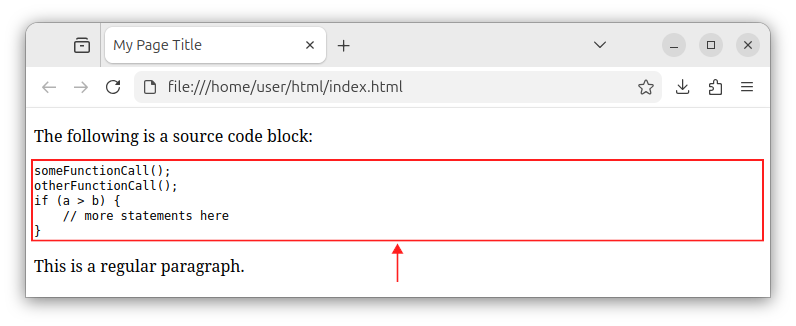 A web page showing a source code block between the two paragraph elements.