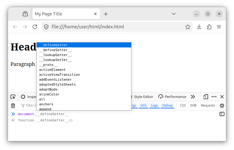 Invoking methods on an object inside the Console window in Firefox.