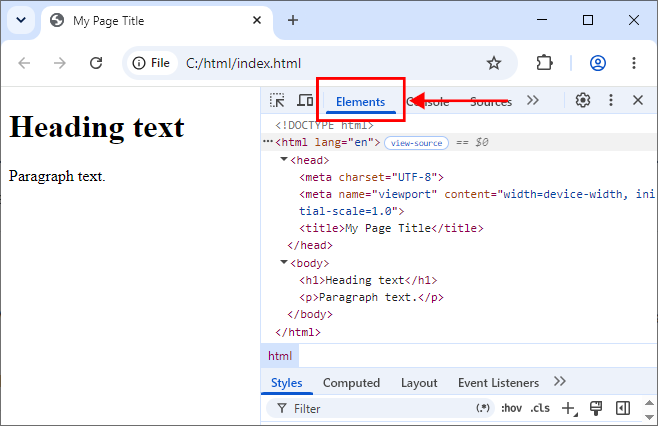 The Developer Tools window with an Elements tab in Chrome.