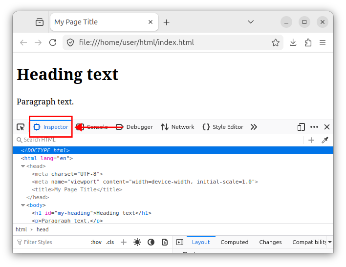 The Developer Tools window in Firefox, showing the Inspector tab.