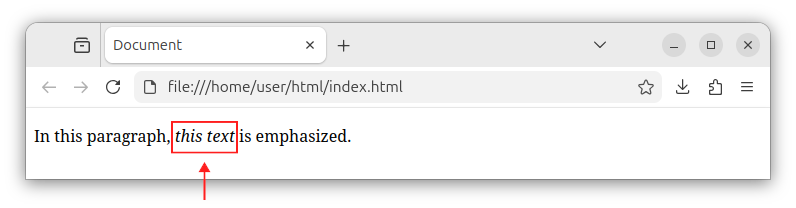 HTML page showing an emphasized text wrapped inside the <em> element.