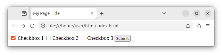An HTML form with inline checkboxes, labels and button elements.