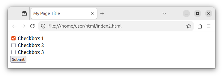An HTML form with vertically stacked checkboxes, and a button control.
