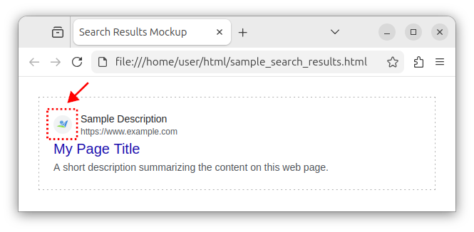 A mockup showing the favicon displayed in search results.