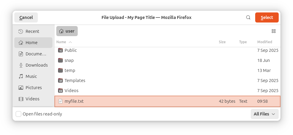 A file dialog window that allows us to select a file for uploading.