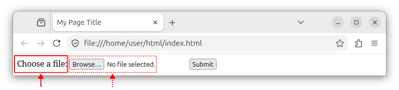 A file input control and an associated label element, which sets the caption for the input control.
