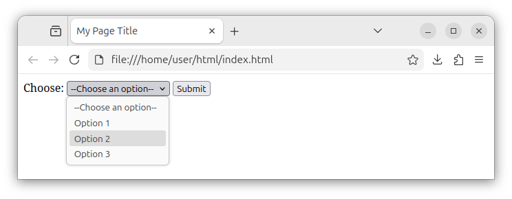 HTML form with a label, a dropdown control with multiple options, and a submit button.