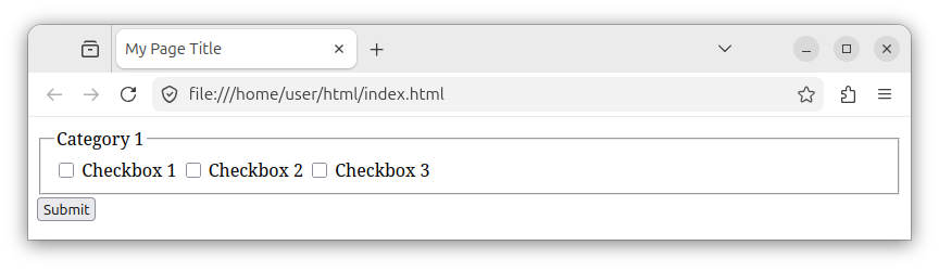 An HTML form with multiple checkboxes grouped together. The grouping is done using the fieldset element.