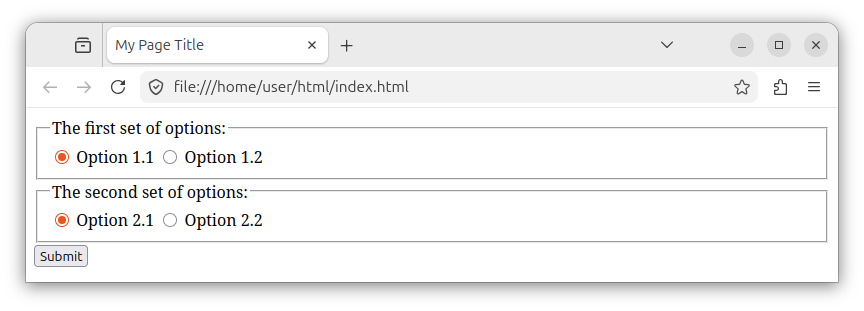 An HTML form with multiple fieldset elements. Each fieldset holds a separate list of radio buttons.