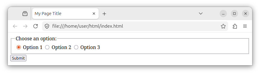 An HTML form with three radio buttons, associated labels, and a submit button.