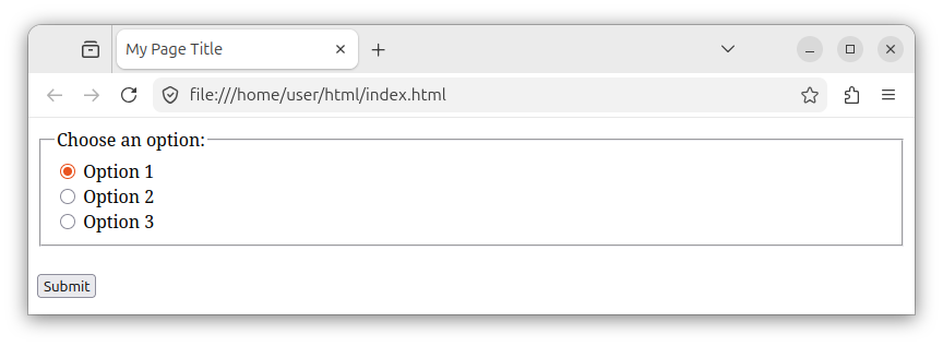 An HTML form with three radio buttons and a submit button.