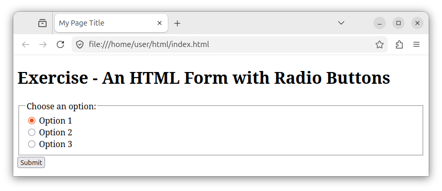 An HTML form with radio buttons and labels placed inside div elements.