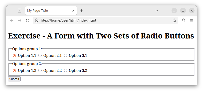An HTML form with two groups (fieldsets) of radio buttons.