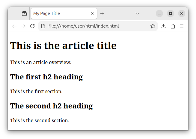 HTML page with one h1 and multiple h2 headings.