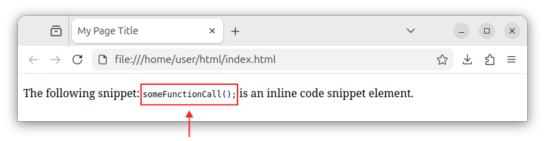 An HTML page showing an inline code element/snippet. The code snippet is part of the paragraph element.