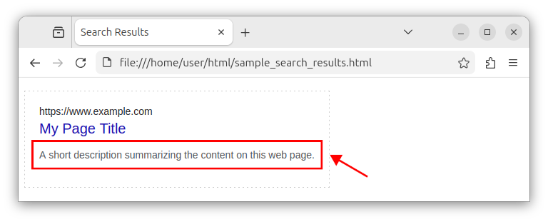 The mockup of a meta description text appearing in search results.