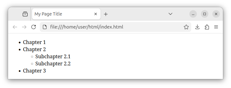 HTML example showing a main unordered list, and a nested unordered list.