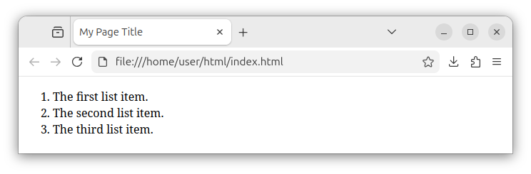 HTML page with an ordered list that displays several, numbered list items.