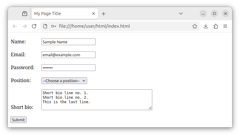 HTML form with multiple controls, including labels, text boxes, dropdowns, text areas, and a submit button.