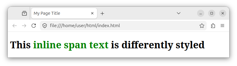 HTML page showing a span element as part of the h1 heading. The span element is differently styled compared to the surrounding h1 element.