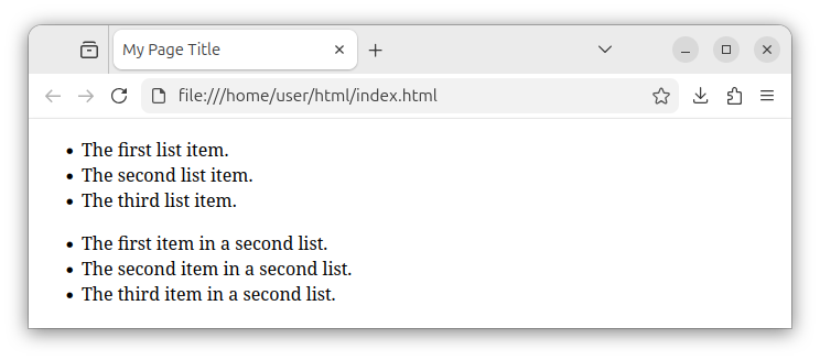 The HTML page with two unordered lists, each with its own set of list items.
