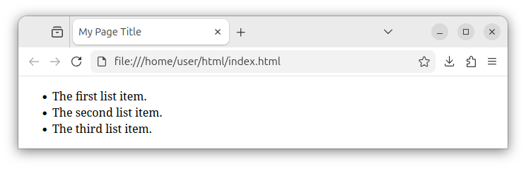 HTML page displaying an unordered list with bullets in front of every list item.