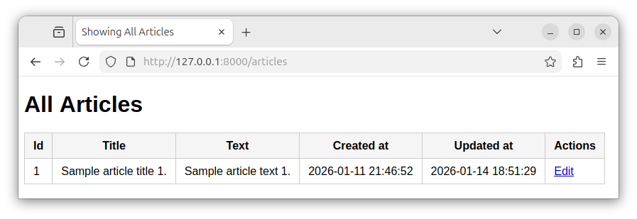 Web browser showing all the records from the articles table and an edit link for each of these records.