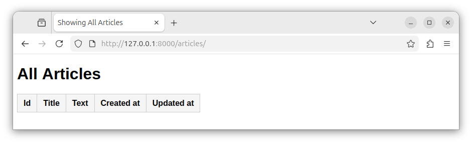 Showing the articles page with no records.