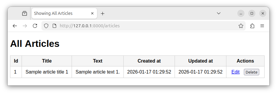 An '/articles' route showing a single record with the edit and delete actions.