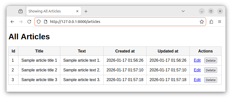 Displaying multiple records from an articles table using the /articles route in a Laravel app.