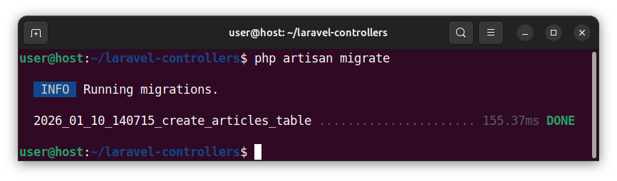 Creating the Article model for the articles table in Laravel.