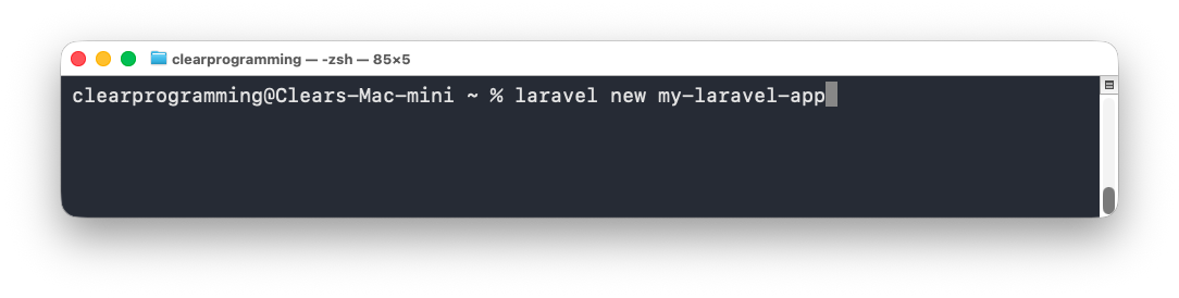 A Terminal app showing the code for creating a Laravel project.