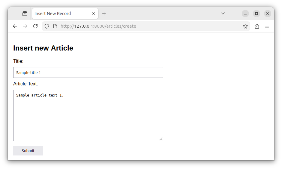 The route that displays the form. The form is used to insert a new record to an articles table.