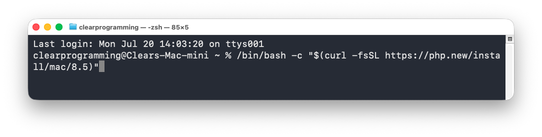 A Terminal window running the Laravel installation script.
