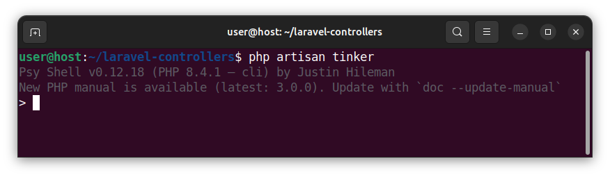 Starting the tinker command-line tool to insert sample records.