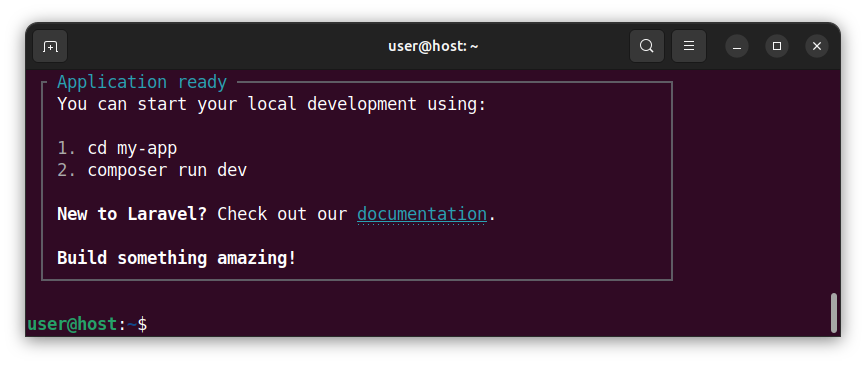 Laravel message informing us that the application was successfully created and is now ready.