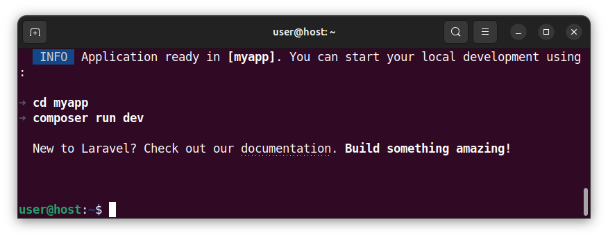 Laravel installation dialog - application ready