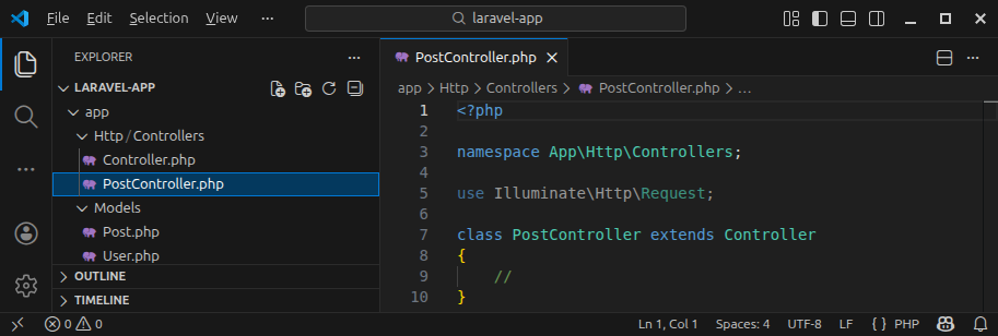 Creating a controller file using the Artisan tool.