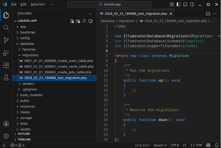 The newly created migration file with the source code.