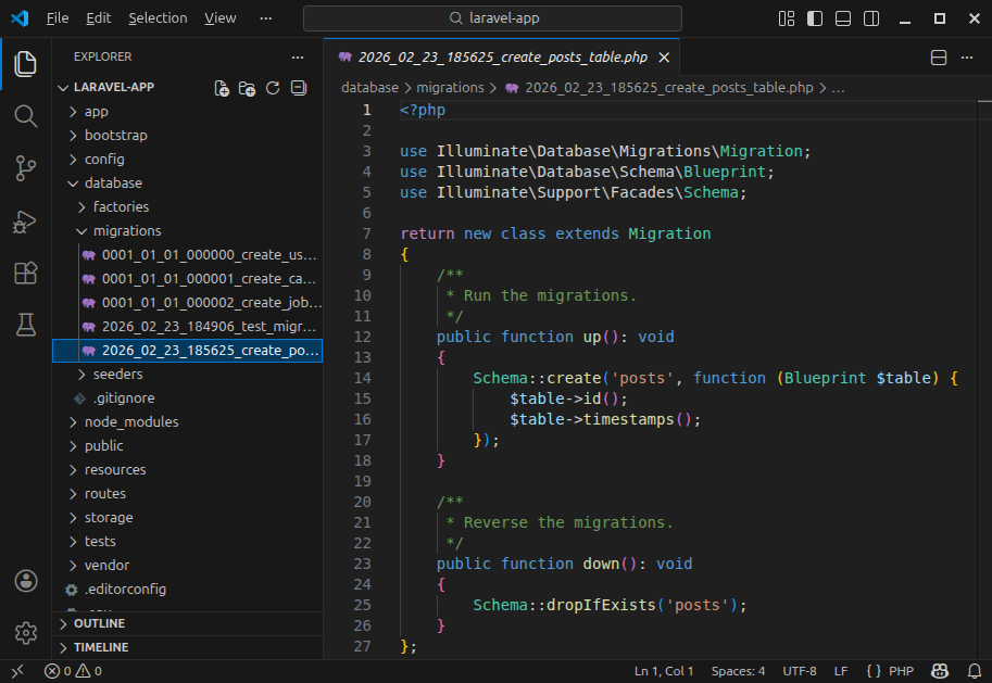 The migration's source code for creating and dropping the table.