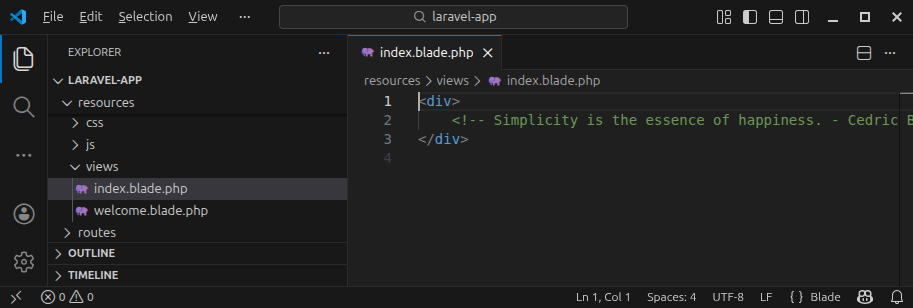The newly created Blade view, its content and folder location.