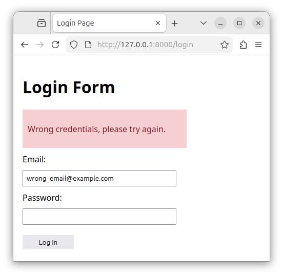Displaying the error message after entering the wrong credentials.