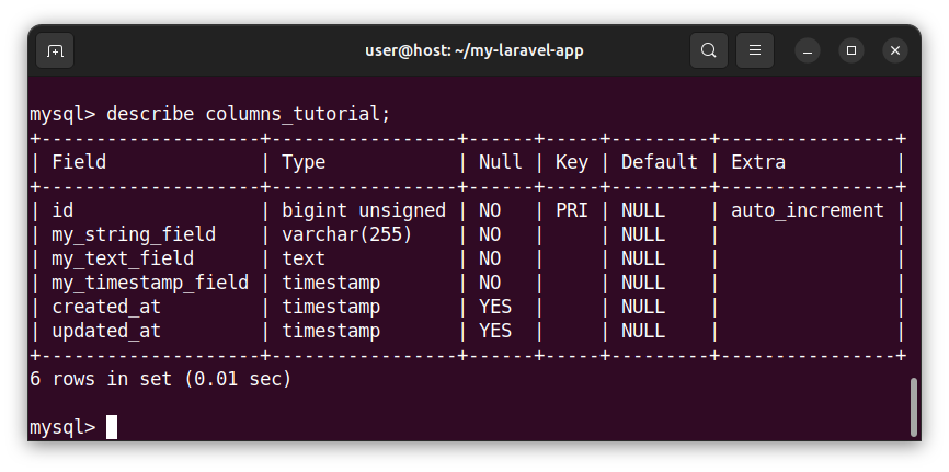 Description of newly created table columns using the mysql client