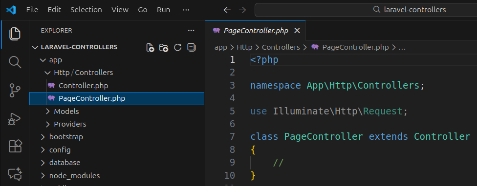 The location and content of a newly created Laravel controller class.